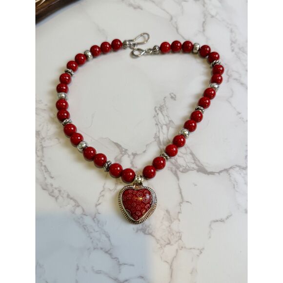 Sterling Silver Millefiori Heart & Red Carnelian Agate Necklace - Picture 5 of 8